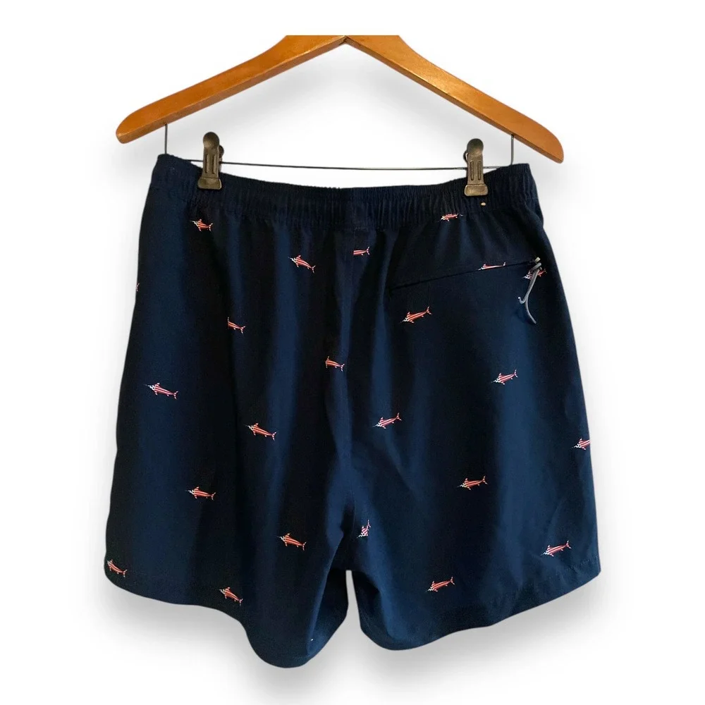 AFTCO Men's Navy Blue American Flag Marlin Print Swim Trunks Shorts Medium